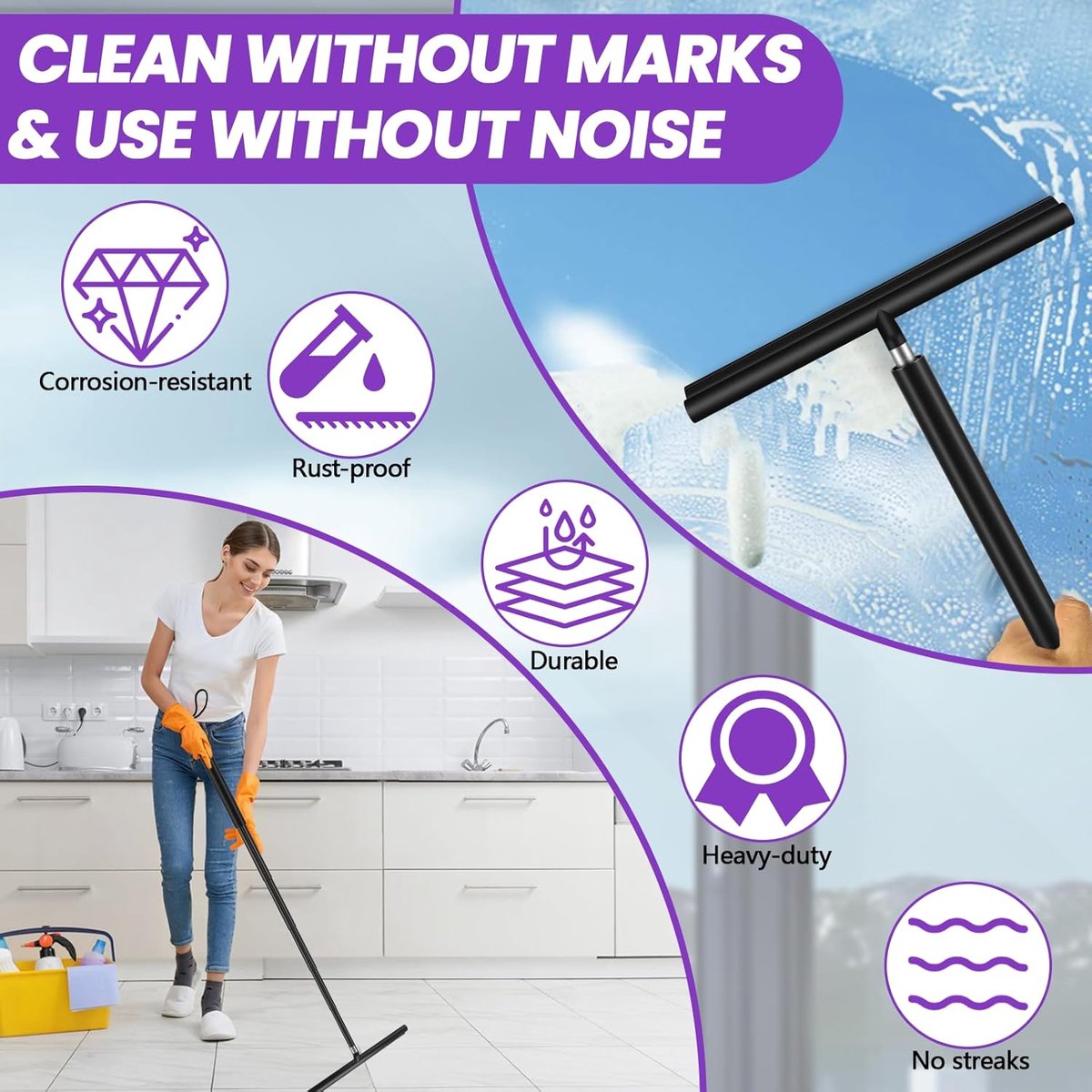 Extendable Shower Squeegee - Up to 120 CM - With Hanging Hook and Squeegee Cloth - Floor Squeegee / Window V1188-MS101-01194-1