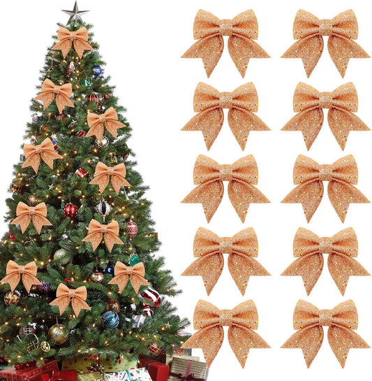 10 Gold Christmas Bows - 12 x 15 cm - Glitter - Christmas Decoration Bows - Christmas Ornaments - Christmas V1188-MS101-01205-1