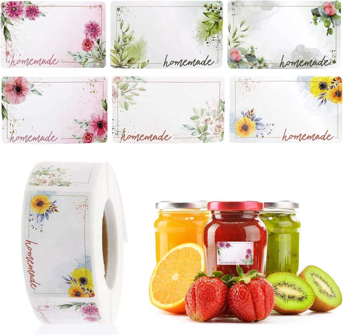 500 Pieces Jam Labels - Self-Adhesive Label - Flower Rectangular Jar Sticker Labels - For Freezer and V1188-MS101-01277-1