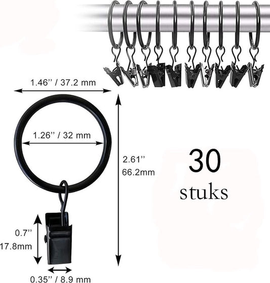 30 Pieces Curtain Rings with Clips - Curtain Rings - Thicker - 32mm - Stainless Steel - Shower Curtain Rings V1188-MS101-01347-1