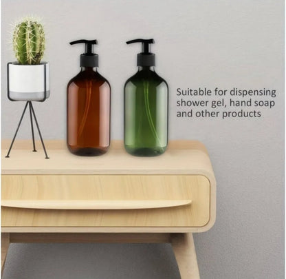 Set of 4 Pump Bottles, 500 ML, plastic soap dispenser Transparent brown, refillable shampoo bottle. V1188-MS101-01393-1
