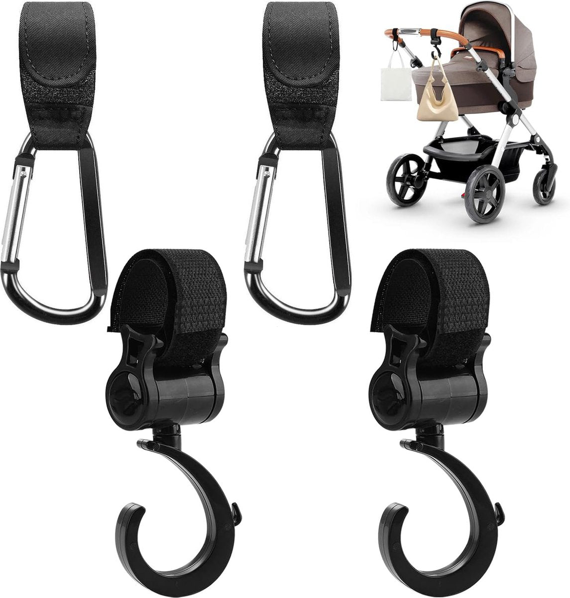 4 Stroller Bag Hooks - Bag Hook - Stroller Straps - Buggy Hook - Stroller Hooks - Multifunctional Velcro Hook V1188-MS101-01496-1