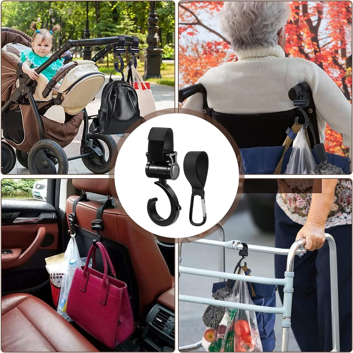 4 Stroller Bag Hooks - Bag Hook - Stroller Straps - Buggy Hook - Stroller Hooks - Multifunctional Velcro Hook V1188-MS101-01496-1