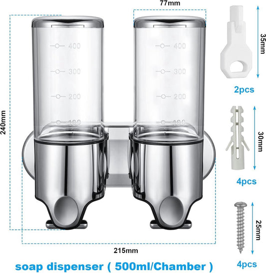 Wall-Mounted Soap Dispenser - 2 Reservoirs - 2x500ml - Stainless Steel - Shampoo Dispenser - Large Capacity - V1188-MS101-01506-1