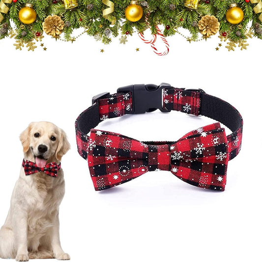 Christmas Dog Bow Tie - Festive Dog Bow Tie - Collar with Bow - Dog Collar - Red - Checkered Bowtie - V1188-MS101-01518-1