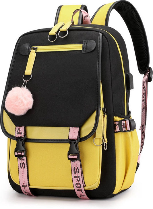 Girls School Student School Bag Outdoor Backpack With USB Charging Port, Black Yellow - School Bag - Backpack V1188-MS101-01528-1