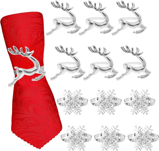 Napkin Rings for Christmas - 12 Pieces - Moose & Snowflakes - Silver Napkin Ring - Napkin Rings Table V1188-MS101-01543-1