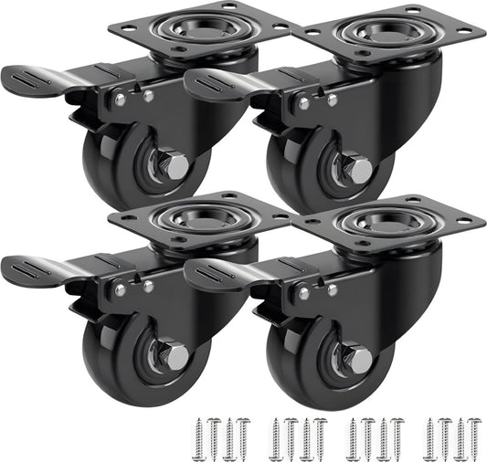 Heavy-Duty Swivel Casters with Brakes - Set of 4 - 50 mm up to 200 kg - With Screws - Swivel Casters - Rubber V1188-MS101-01551-1