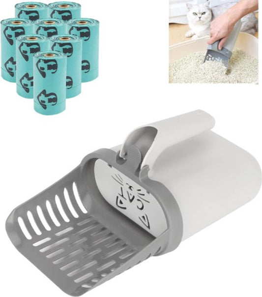 Cat Litter Scoop with Collection Tray - Cleaning Cat Litter - Ergonomic - With 8 Rolls of Waste Bags - Holder V1188-MS101-01553-1