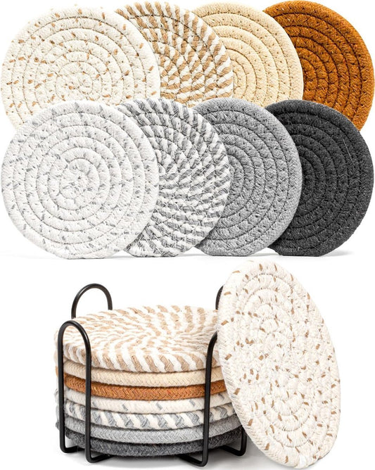 Cork Coasters - Set of 8 with Holder - Woven Coasters - Handmade - Thicker - Highly Hygroscopic - Anti-Slip - V1188-MS101-01696-1