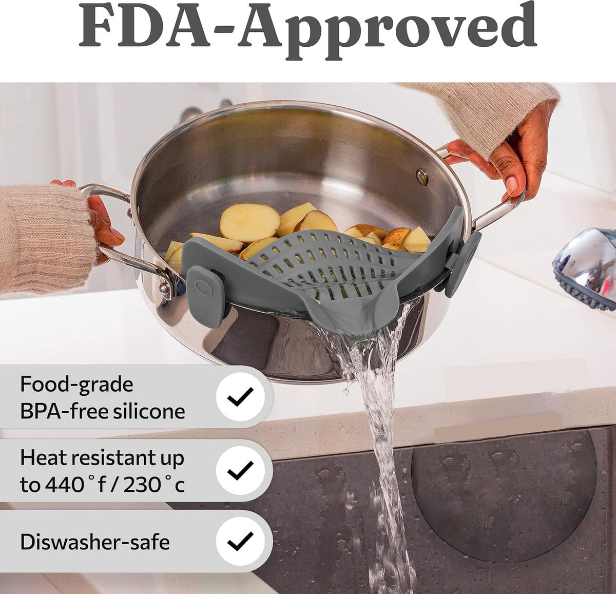 Silicone Colander - Kitchen Draining Lid - Draining Aid - Silicone - BPA Free - Safe Hands-Free Draining - V1188-MS101-01702-1