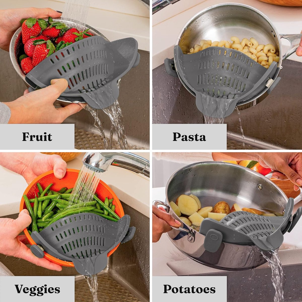 Silicone Colander - Kitchen Draining Lid - Draining Aid - Silicone - BPA Free - Safe Hands-Free Draining - V1188-MS101-01702-1