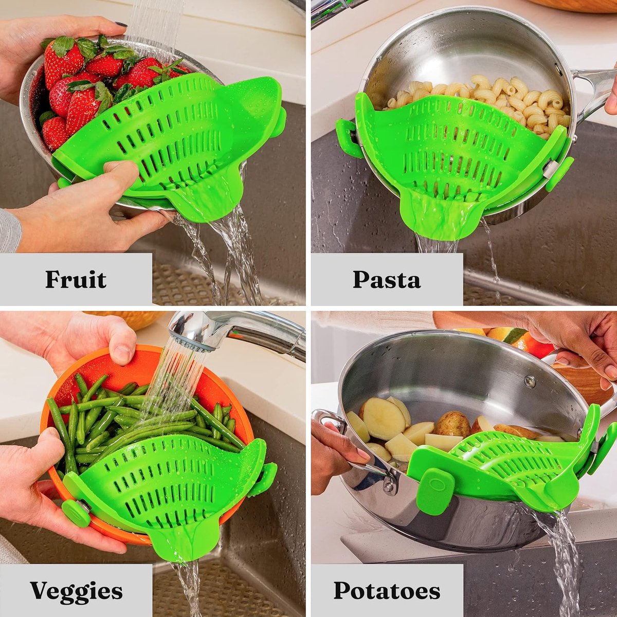 Silicone Colander - Kitchen Draining Lid - Draining Aid - Silicone - BPA Free - Safe Hands-Free Draining - V1188-MS101-01863-1