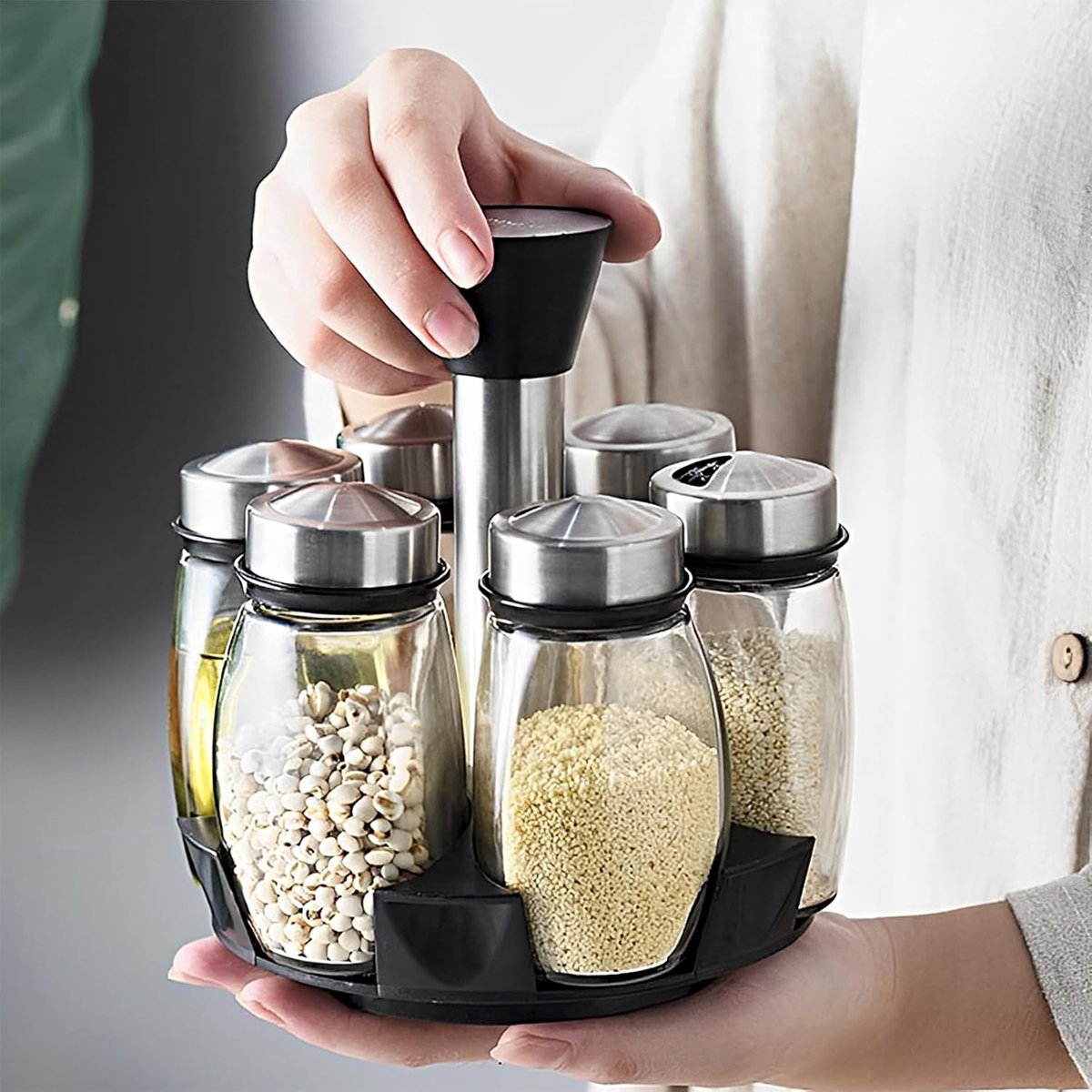 Spice Organizer | 360 degrees Rotatable | With 6 Spice Jars | Glass Jars | 6 Spice Jars on Rack | V1188-MS101-01883-1