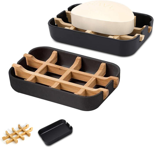 Soap Dish - 2 Pieces - Soap Holder With Drain - Bamboo Tray Soap Holder - Removable Drawer - Small Soap Dish V1188-MS101-01978-1
