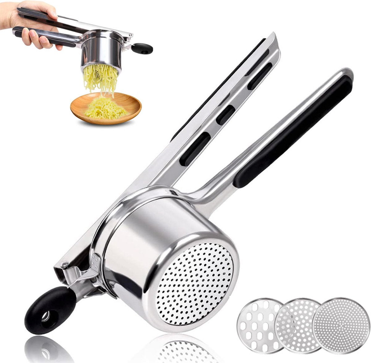 Stainless Steel Potato Press - Potato Squeezer - Potato Masher - Includes 3 Different Texture Discs - Can Be V1188-MS101-01999-1