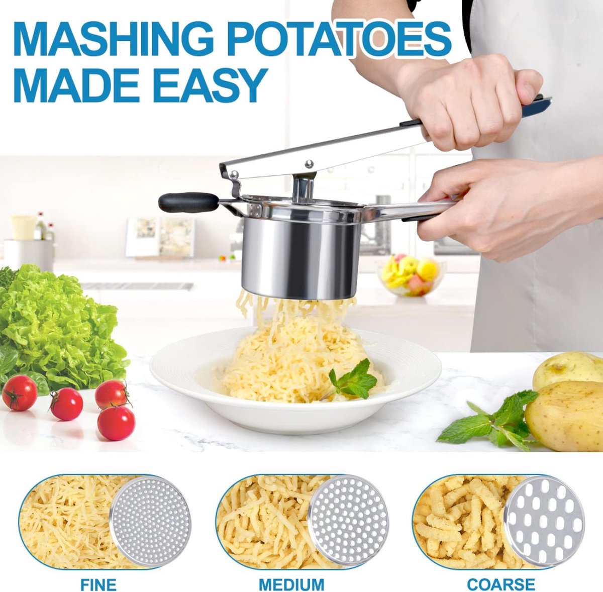 Stainless Steel Potato Press - Potato Squeezer - Potato Masher - Includes 3 Different Texture Discs - Can Be V1188-MS101-01999-1
