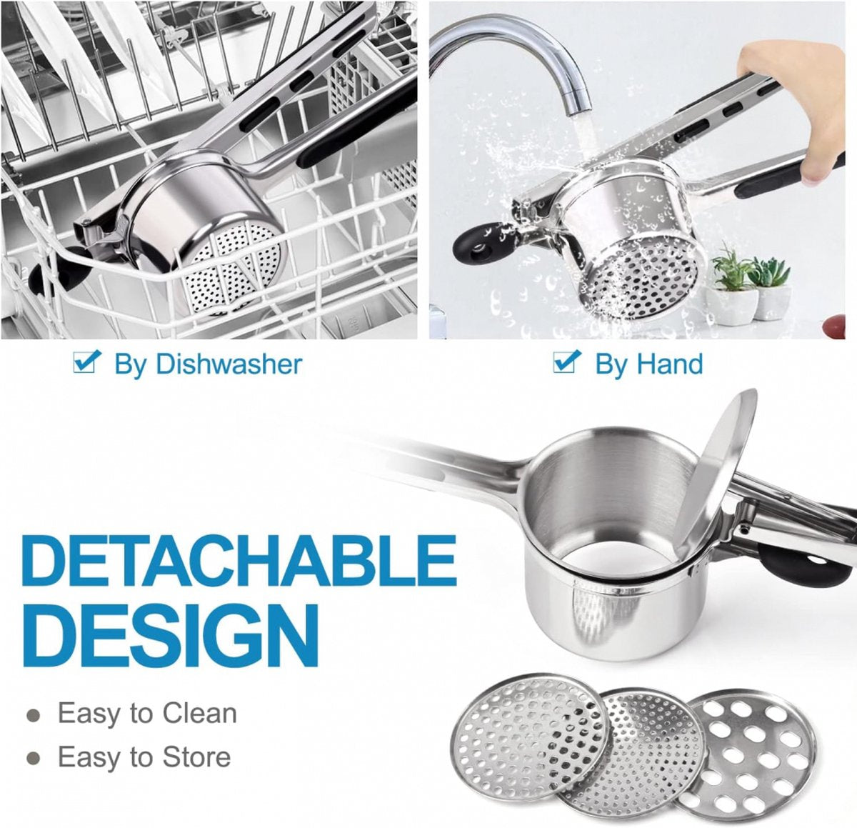 Stainless Steel Potato Press - Potato Squeezer - Potato Masher - Includes 3 Different Texture Discs - Can Be V1188-MS101-01999-1
