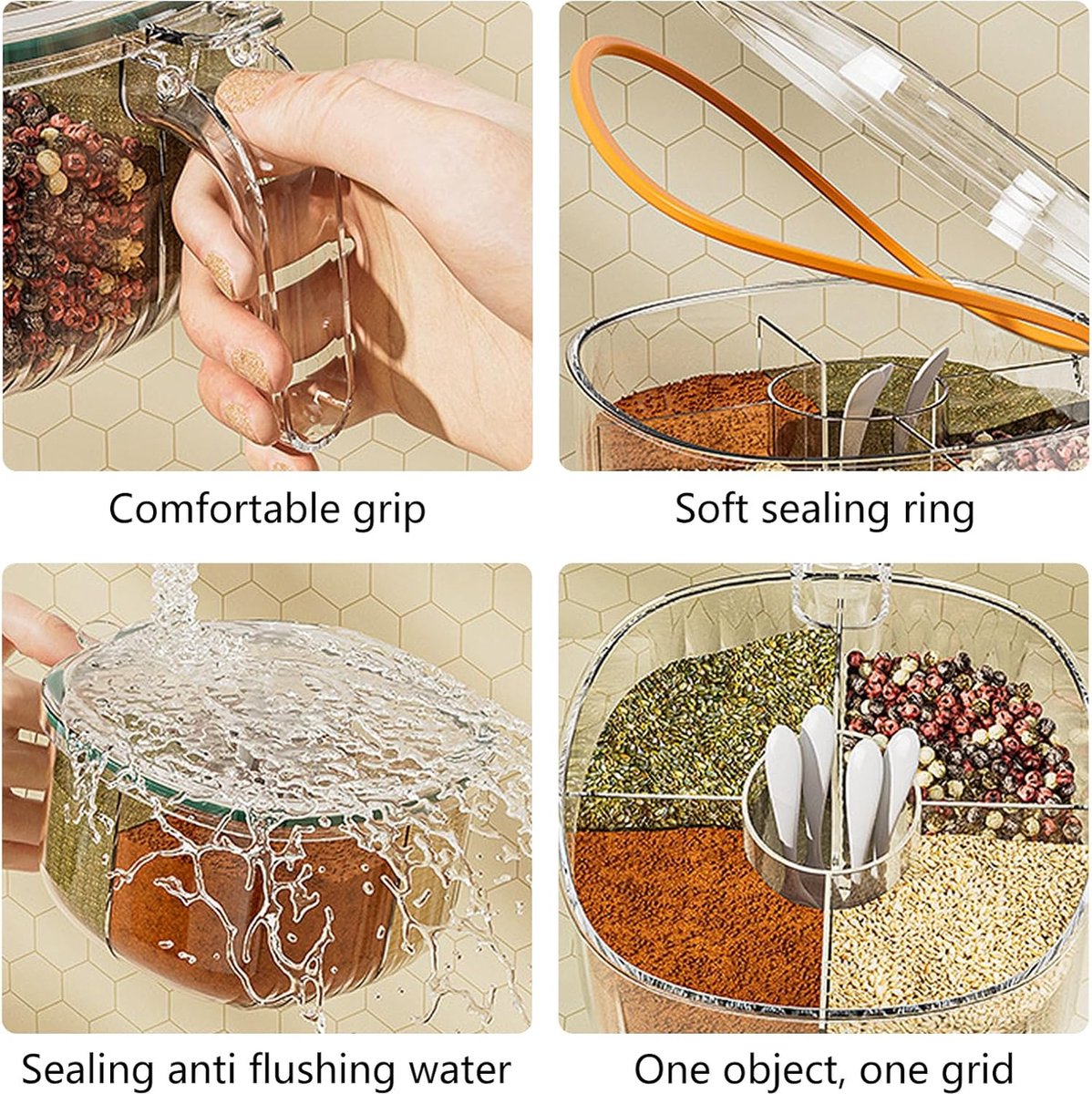 Spice Jars - Divided Spice Jar - Divided Spice Container - 4 Grids Transparent Spice Container - For Kitchen V1188-MS101-02006-1