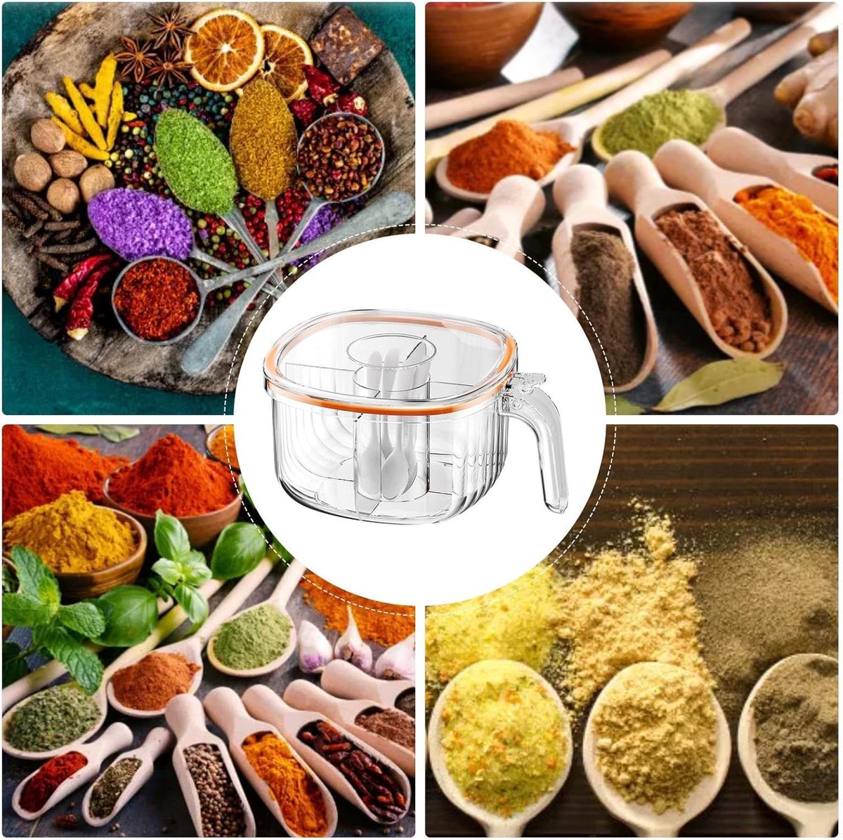 Spice Jars - Divided Spice Jar - Divided Spice Container - 4 Grids Transparent Spice Container - For Kitchen V1188-MS101-02006-1