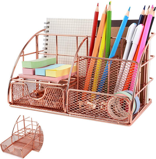 Pen Tray - 5 Compartments and Drawer - Desk Organizer - Rose Gold - Pen Holder - Desk Organizer - Durable - V1188-MS101-02046-1