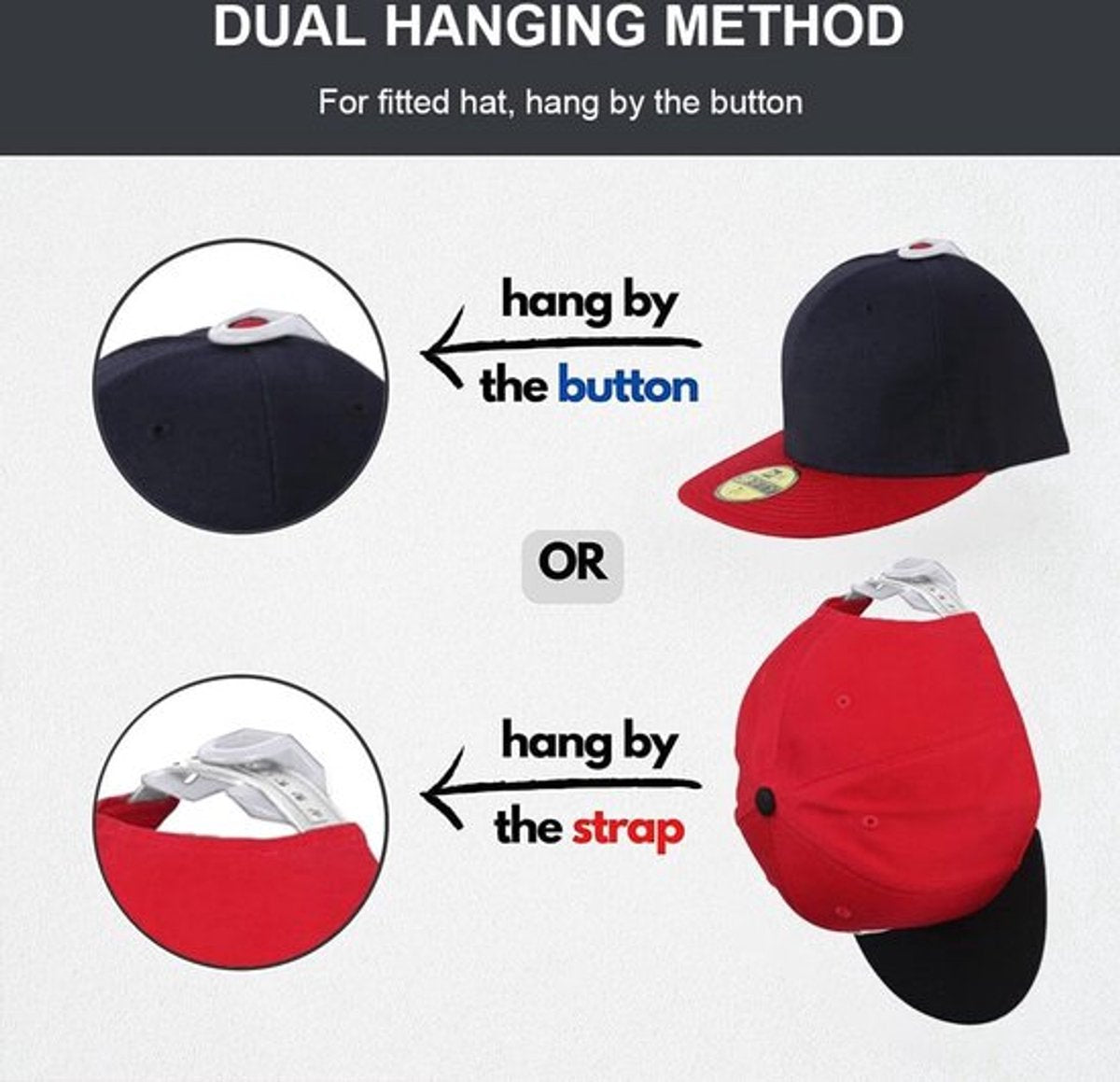 Cap Rack Set of 8 - Wall Cap Holders - Cap Hooks - With Screws and Tape - Two Installation Methods - Cap Rack V1188-MS101-02064-1