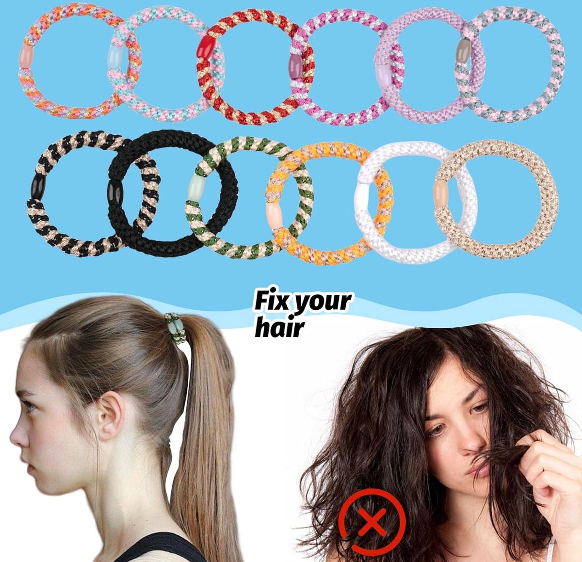 Allecto Plus - Pack of 12 elastic hair ties in various colors, suitable for different hairstyles V1188-MS101-02229-1