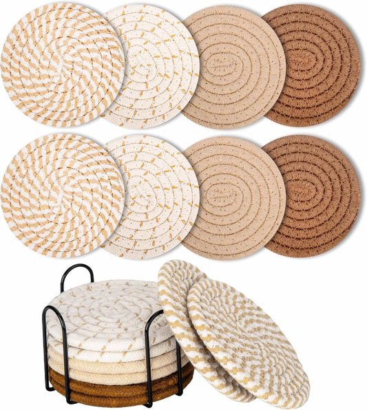 Set of 8 Round Coasters with Stand - Coaster Set - Thermal Insulation - Non-Slip Braided Cotton Coasters for V1188-MS101-02241-1