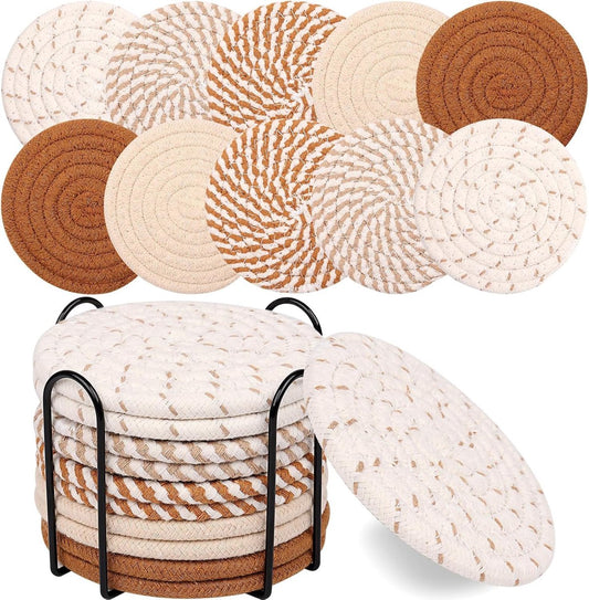 Set of 10 Round Coasters with Stand - Coaster Set - Thermal Insulation - Non-Slip Braided Cotton Coasters - V1188-MS101-02318-1