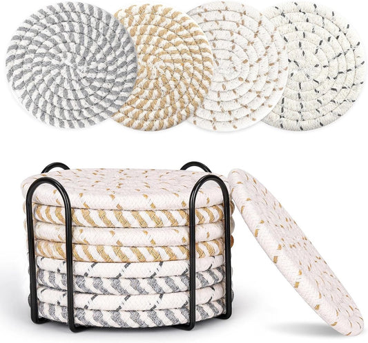 Set of 8 Round Coasters with Stand - Coaster Set - Thermal Insulation - Non-Slip Braided Cotton Coasters - V1188-MS101-02427-1