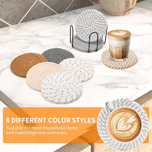 Set of 8 Round Coasters with Stand - Coaster Set - Thermal Insulation - Non-Slip Braided Cotton Coasters - V1188-MS101-02427-1