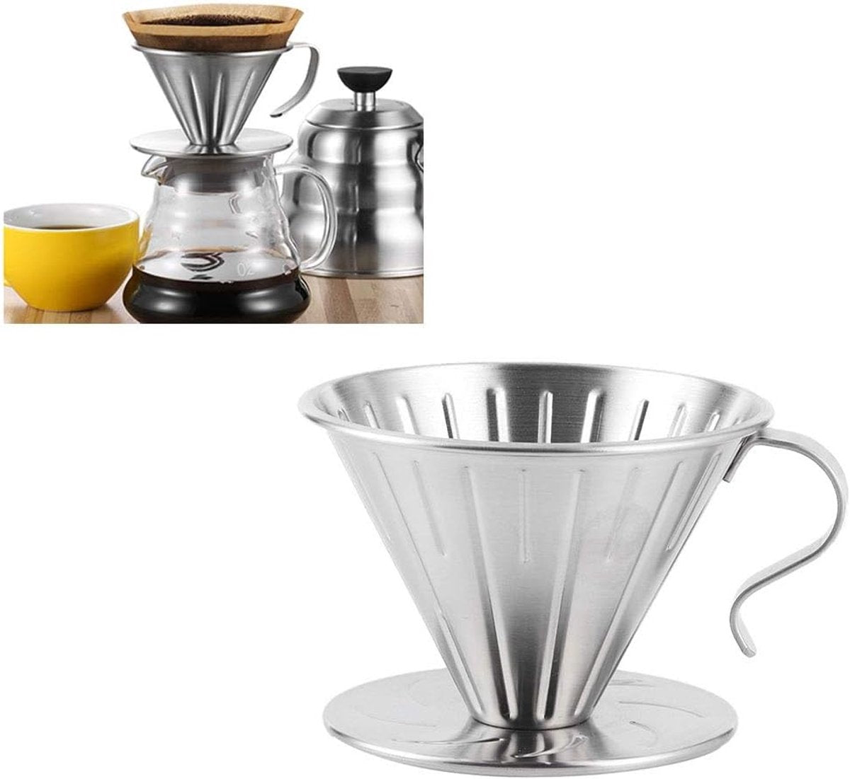 Pour Over Coffee Dripper - Stainless Steel Metal - Reusable - Cone Coffee Filter - Slow Brew Accessories for V1188-MS101-02479-1