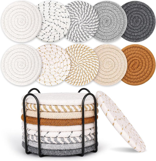 Set of 10 Round Coasters with Stand - Coaster Set - Thermal Insulation - Non-Slip Braided Cotton Coasters - V1188-MS101-02525-1