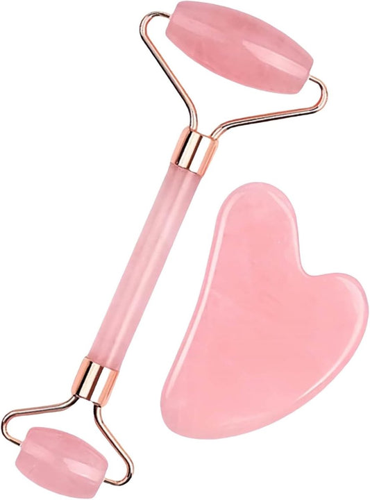 Rose Quartz Jade Roller & Gua Sha Stone - Facial Roller & Gua Sha Set - Natural Jade Roller - Facial Roller - V1188-MS101-02537-1
