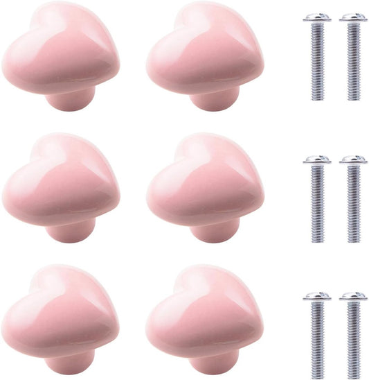 Set of 6 pink ceramic knobs - heart shape - with screws for drawers - cabinets - kitchen furniture - V1188-MS101-02578-1