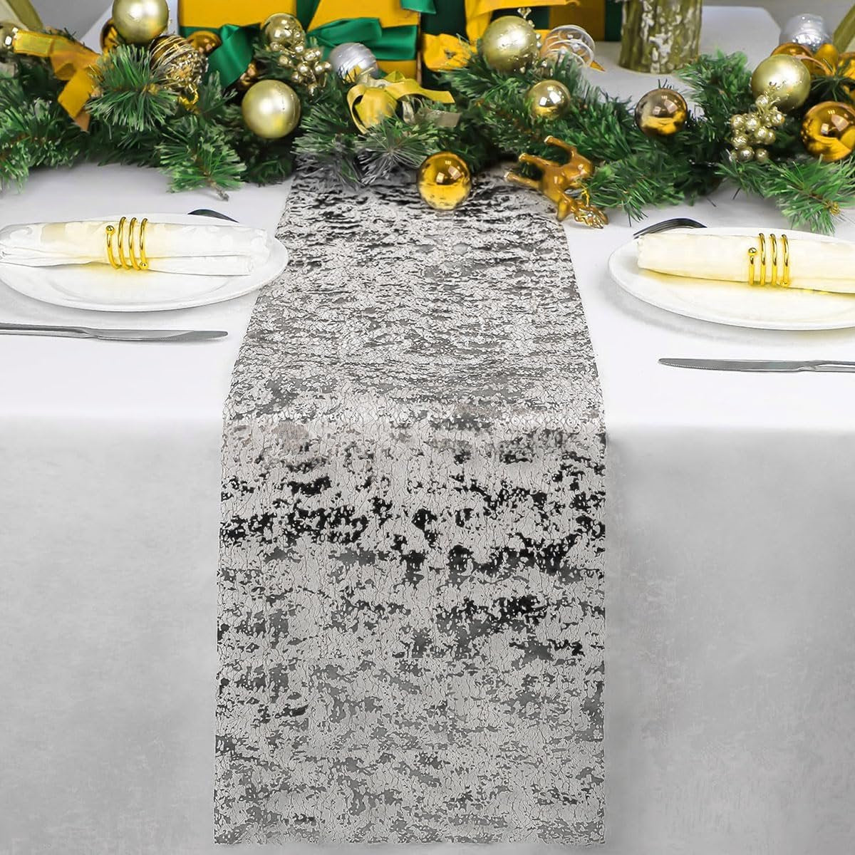 Table Runner - 28*275 cm - Silver Table Runner - Silver Gold Foil Table Runner - Tablecloth - Polyester Table V1188-MS101-02593-1
