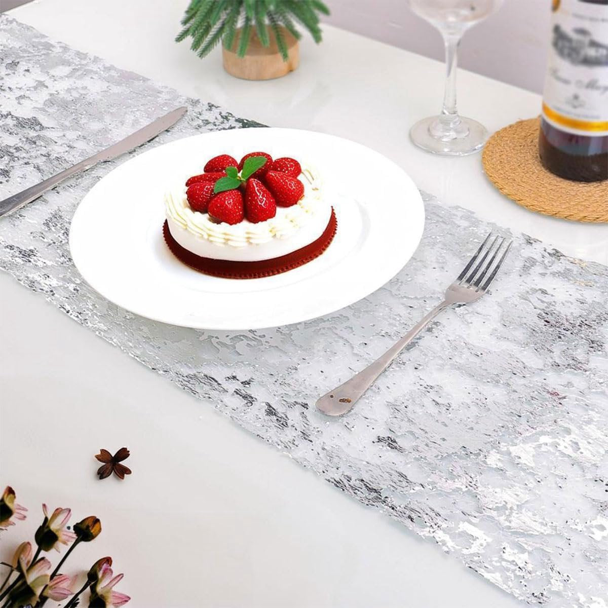 Table Runner - 28*275 cm - Silver Table Runner - Silver Gold Foil Table Runner - Tablecloth - Polyester Table V1188-MS101-02593-1