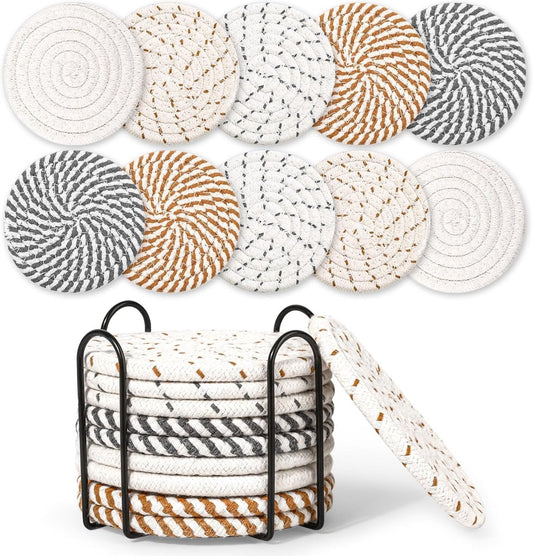 Set of 10 Round Coasters with Stand - Coaster Set - Thermal Insulation - Non-Slip Braided Cotton Coasters - V1188-MS101-02594-1