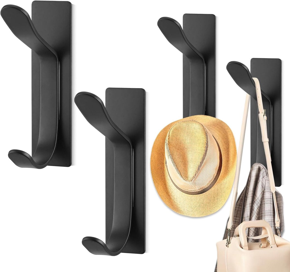 Pieces Wall-Mounted Coat Rack - No Drilling Required - Black Solid Wall Hook - Self-Adhesive Coat Hooks - V1188-MS101-02653-1