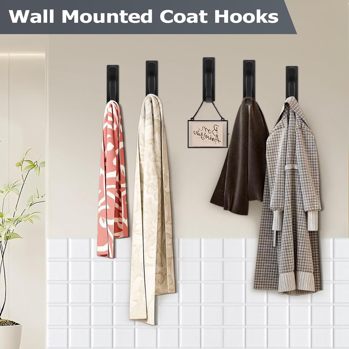 Pieces Wall-Mounted Coat Rack - No Drilling Required - Black Solid Wall Hook - Self-Adhesive Coat Hooks - V1188-MS101-02653-1