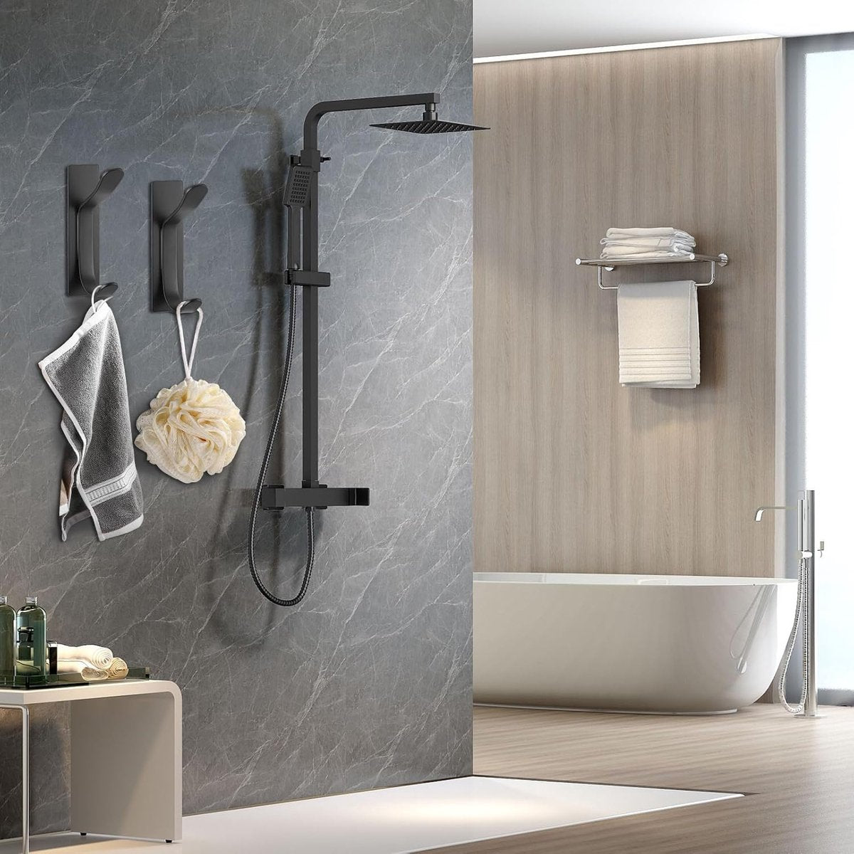 Pieces Wall-Mounted Coat Rack - No Drilling Required - Black Solid Wall Hook - Self-Adhesive Coat Hooks - V1188-MS101-02653-1