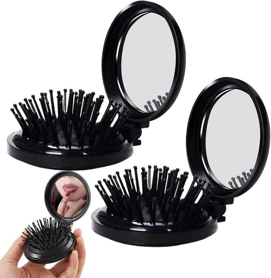 Allecto Plus - Set of 2 Foldable Travel Brushes with Mirror Portable Comb Pocket Massager for Men, Women, and V1188-MS101-02693-1