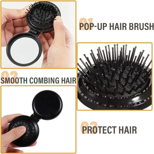 Allecto Plus - Set of 2 Foldable Travel Brushes with Mirror Portable Comb Pocket Massager for Men, Women, and V1188-MS101-02693-1
