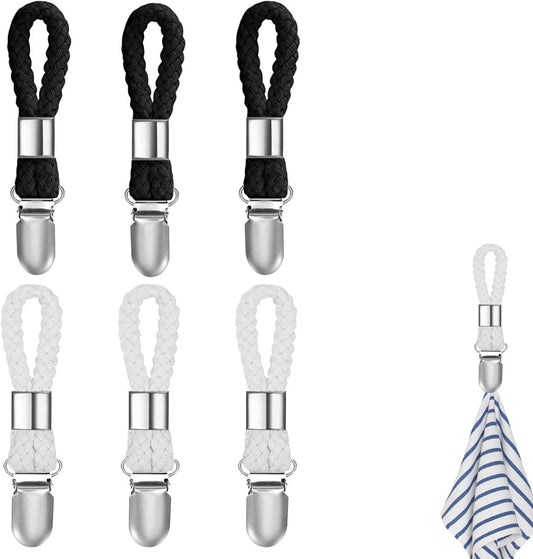 6 pieces - towel clips - bath towel clip - metal kitchen tea towel hooks - with woven cotton rope loop - for V1188-MS101-02696-1