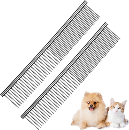 Dog Comb Long Hair Brush Steel Comb for Pet Care Tangle Removal Knots - Set of 2 V1188-MS101-02767-1
