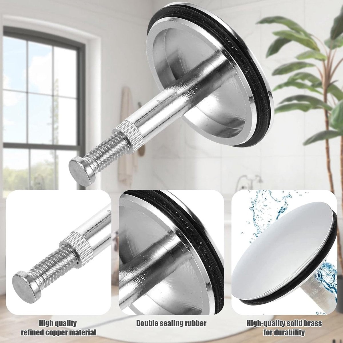 Bathtub Drain Plug 43mm - Stem Diameter 8mm - Bathtub Cover, Bathroom Washbasin Cap - Height Adjustable Drain V1188-MS101-02790-1