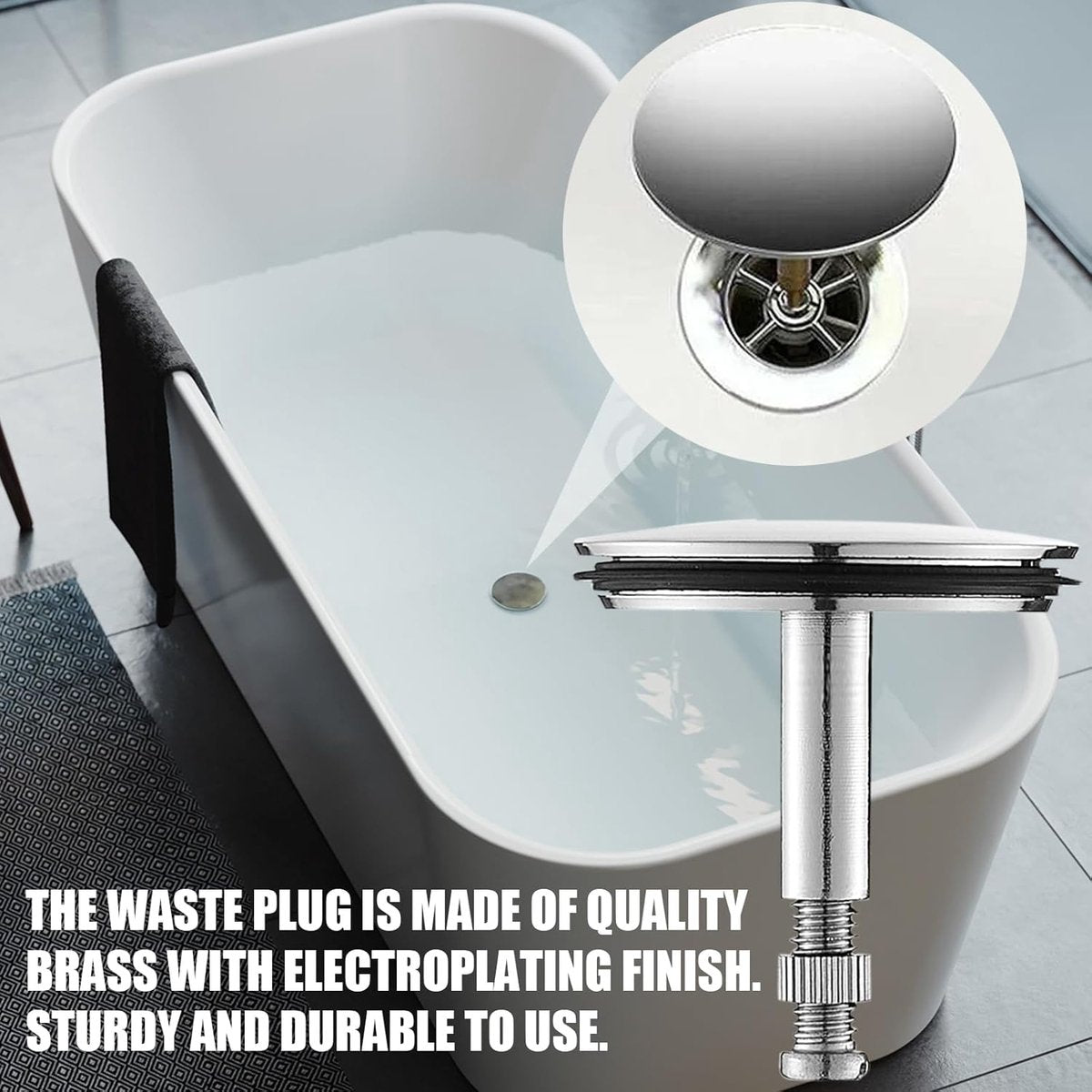 Bathtub Drain Plug 43mm - Stem Diameter 8mm - Bathtub Cover, Bathroom Washbasin Cap - Height Adjustable Drain V1188-MS101-02790-1