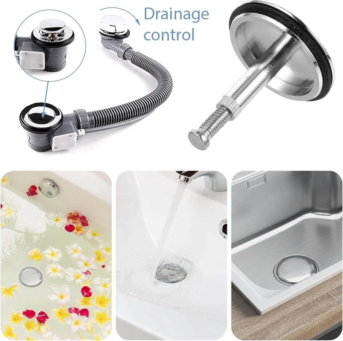 Bathtub Drain Plug 43mm - Stem Diameter 8mm - Bathtub Cover, Bathroom Washbasin Cap - Height Adjustable Drain V1188-MS101-02790-1