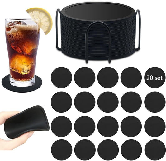 Silicone Coasters with Holder - Set of 20 - Coasters for Glasses - Coaster Set - Non-Slip Black Round V1188-MS101-02830-1
