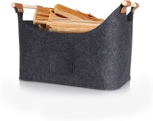 wood basket - firewood basket - storage basket - Foldable felt firewood basket with wooden handles - V1188-MS101-03010-1